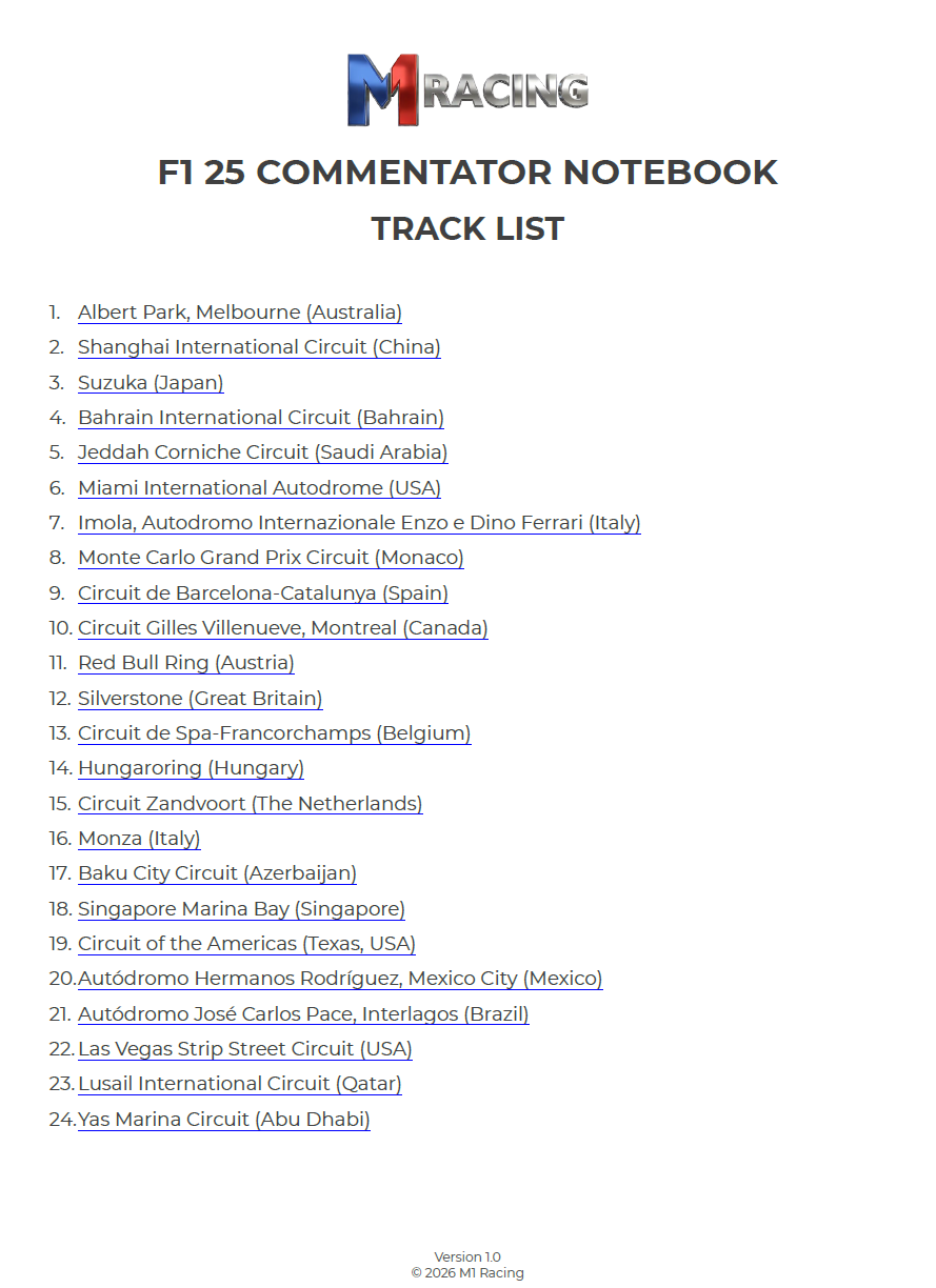 F1 25 Commentator Notebook - All 24 Tracks